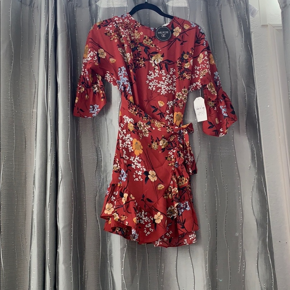 A red wrap floral dress